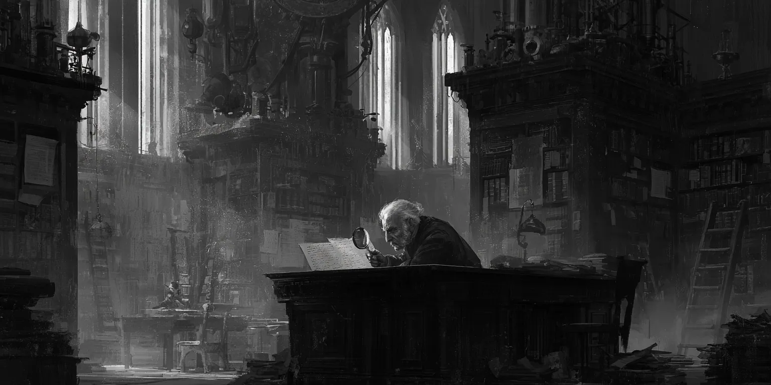 Un vieil homme penché sur un grand bureau promène une loupe sur une page écrite ; autour de lui, une salle d’archives immense — ses rayonnages, ses échelles, ses hautes verrières.