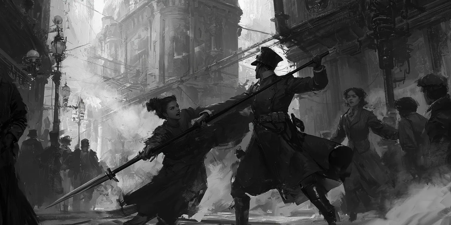Dans la rue, une femme empoigne à deux mains la hampe qu’un garde en uniforme tient levée au-dessus d’elle ; autour d’eux les passants s’écartent, et l’un s’enfuit déjà.