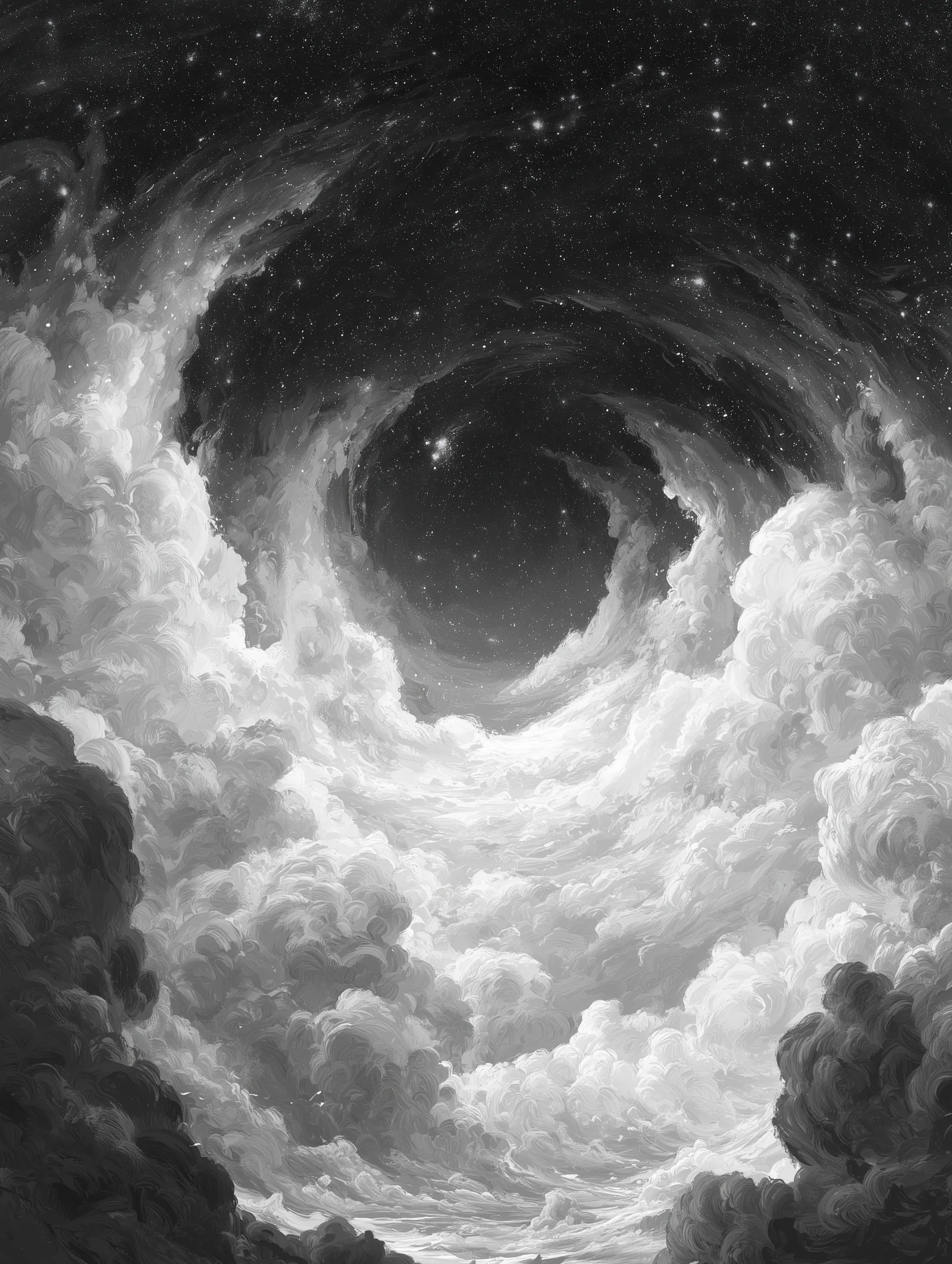 Un puits de nuages s’ouvre en spirale sur un ciel étoilé ; en bas, la lumière blanche des nuées.