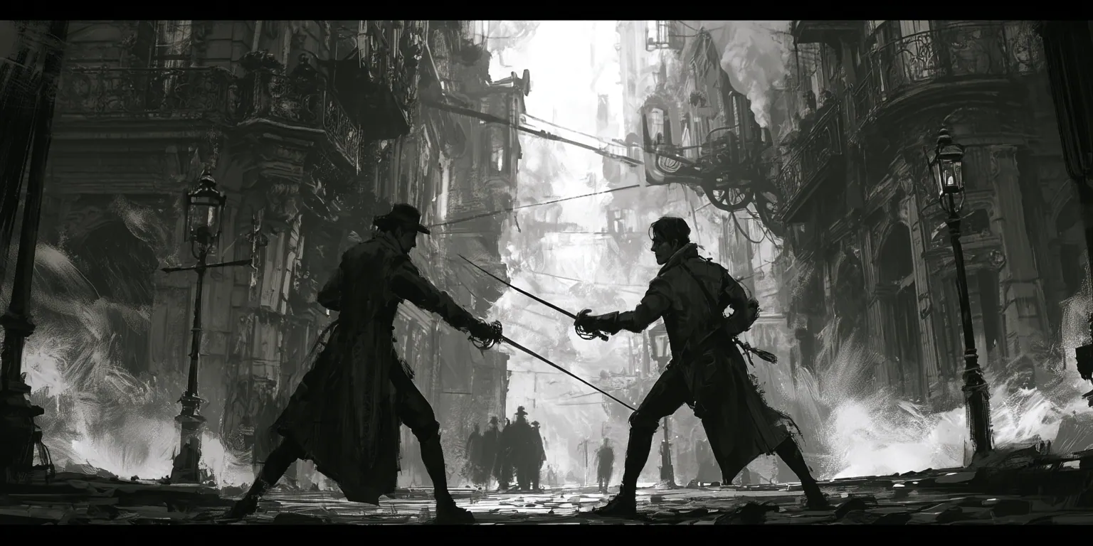 Deux silhouettes en long manteau croisent le fer au milieu d’une rue de la cité, un lampadaire allumé de chaque côté ; au fond, dans la lumière blanche, quelques passants regardent sans approcher.