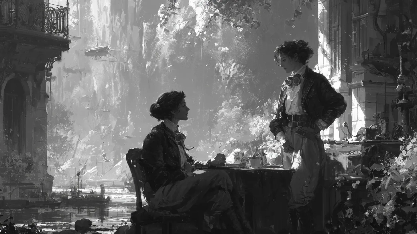 À la terrasse d’un café au bord d’un canal, une femme assise lève les yeux vers une autre, debout devant elle, la main à la hanche ; derrière elles, les façades de la cité et une nef au loin.