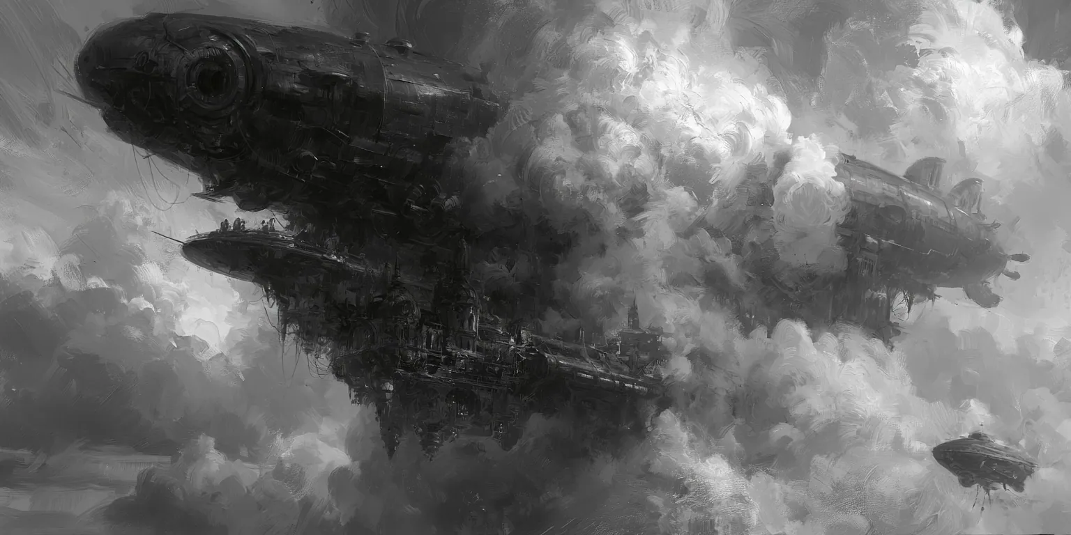 Des nefs cuirassées traversent une mer de nuages ; la plus proche passe si près qu’on voit ses coursives.