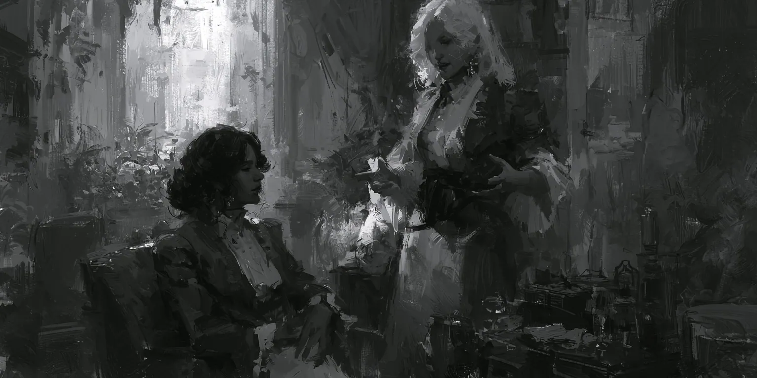 Dans un salon sombre, une femme assise écoute ; debout devant elle, une autre parle, la main ouverte, une coupe à la main.