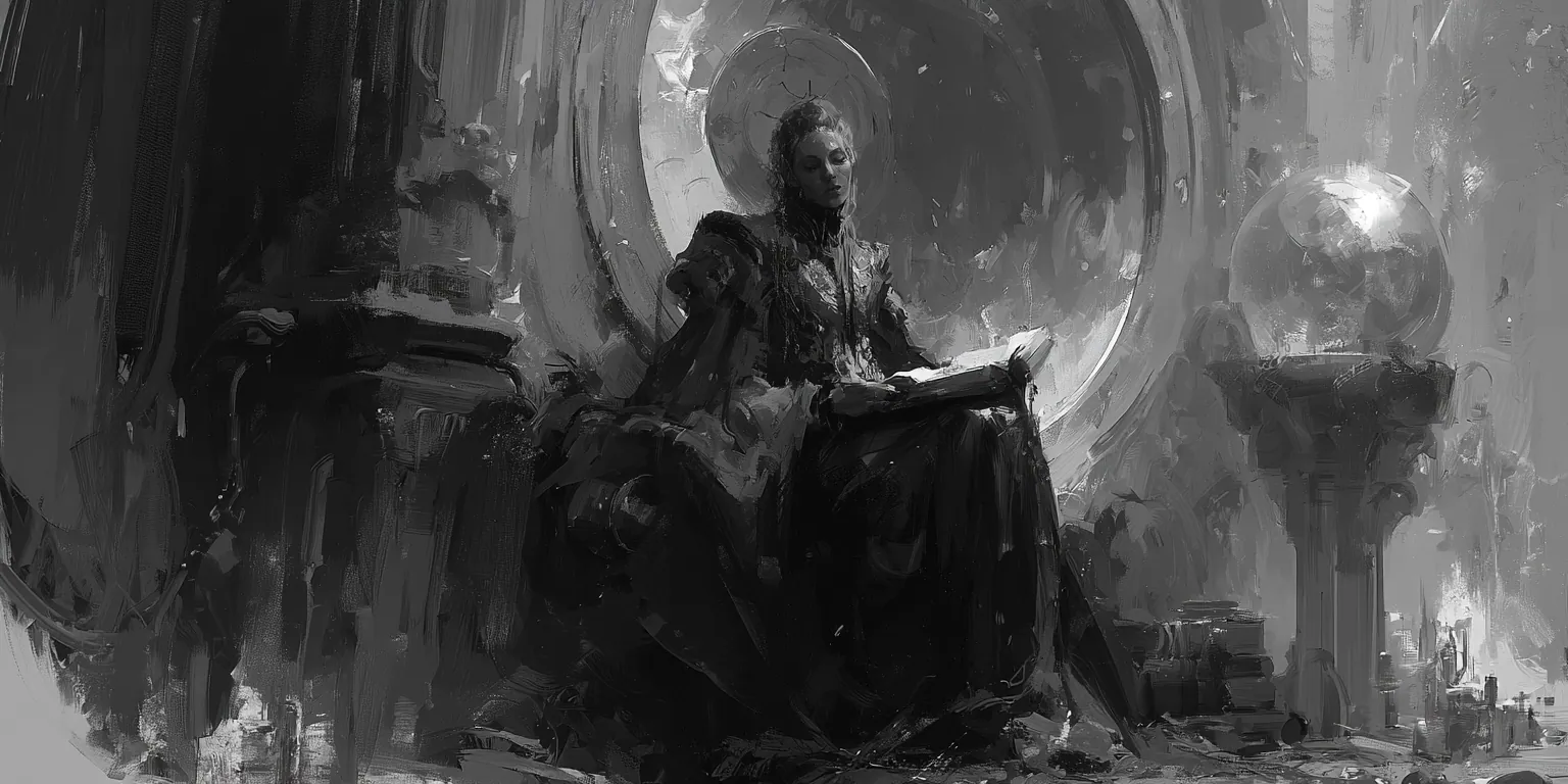 Une femme assise en robe sombre, un livre ouvert sur les genoux, devant un disque pâle qui l’auréole ; à sa droite, une sphère de verre sur sa colonne.